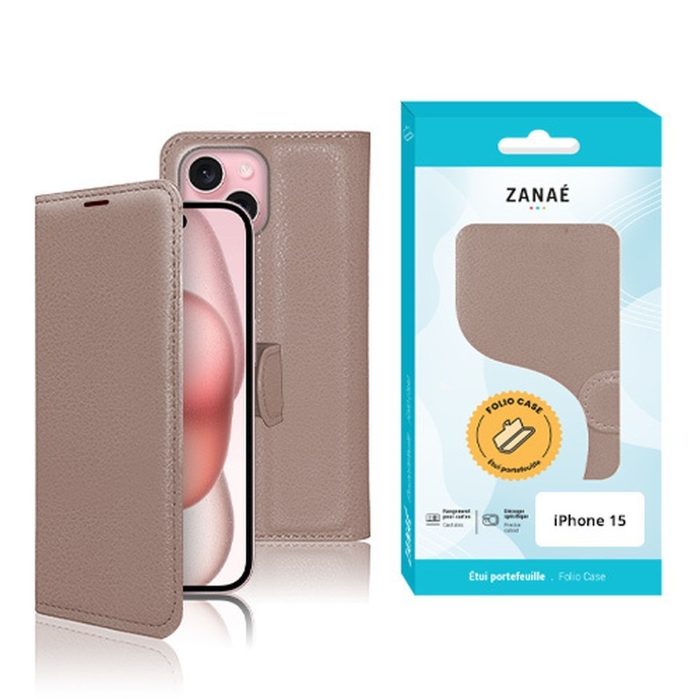 Etui Portefeuille Zanae pour iPhone 15 en taupe