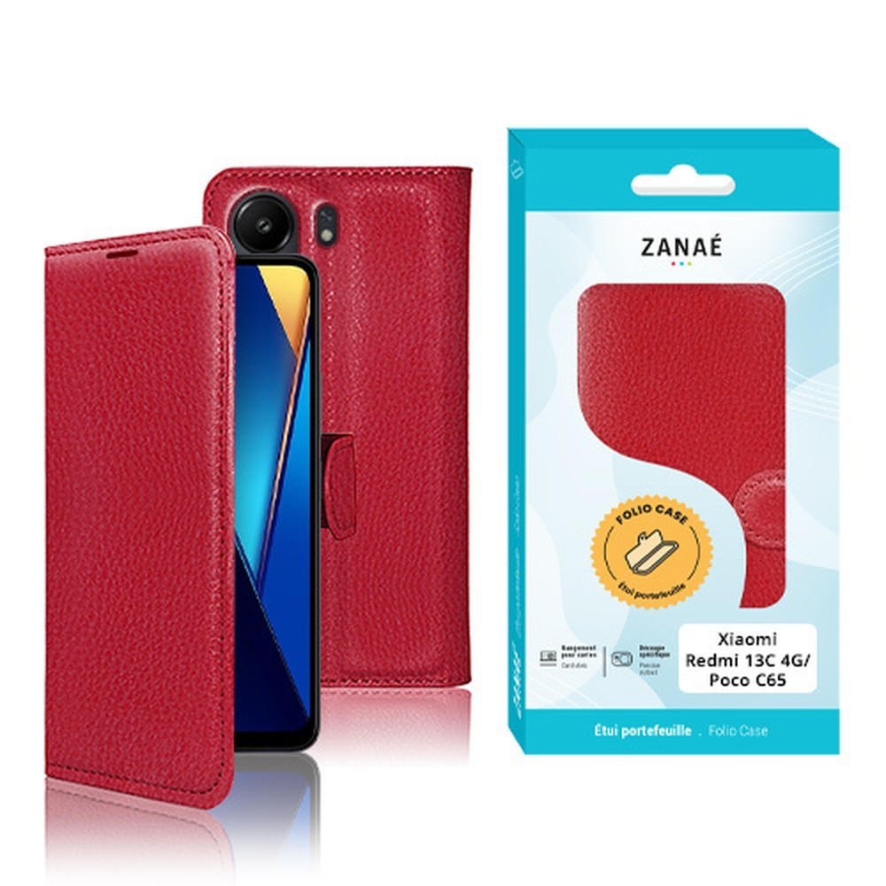 Etui portefeuille rouge pour Redmi 13C 4G et Poco C65