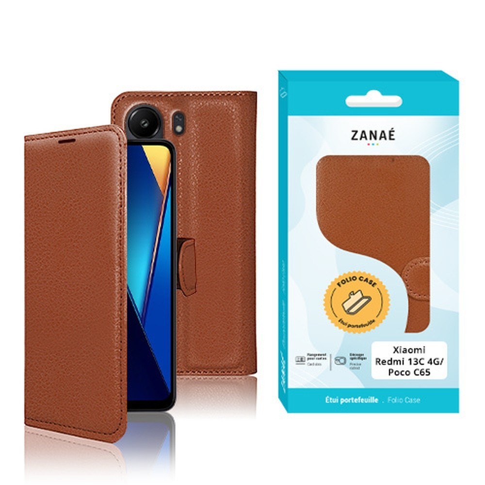 Étui portefeuille Zanae marron pour Redmi 13C 4G et Poco C65