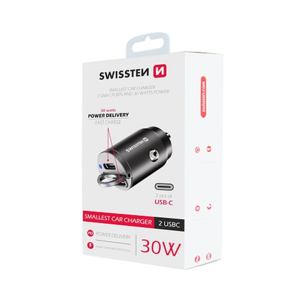 Chargeur allume cigare Swissten 30W avec 2 ports USB Noir