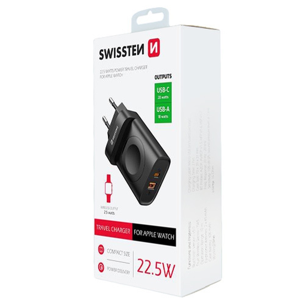 Chargeur Swissten 22.5W noir avec ports USB-C et USB-A