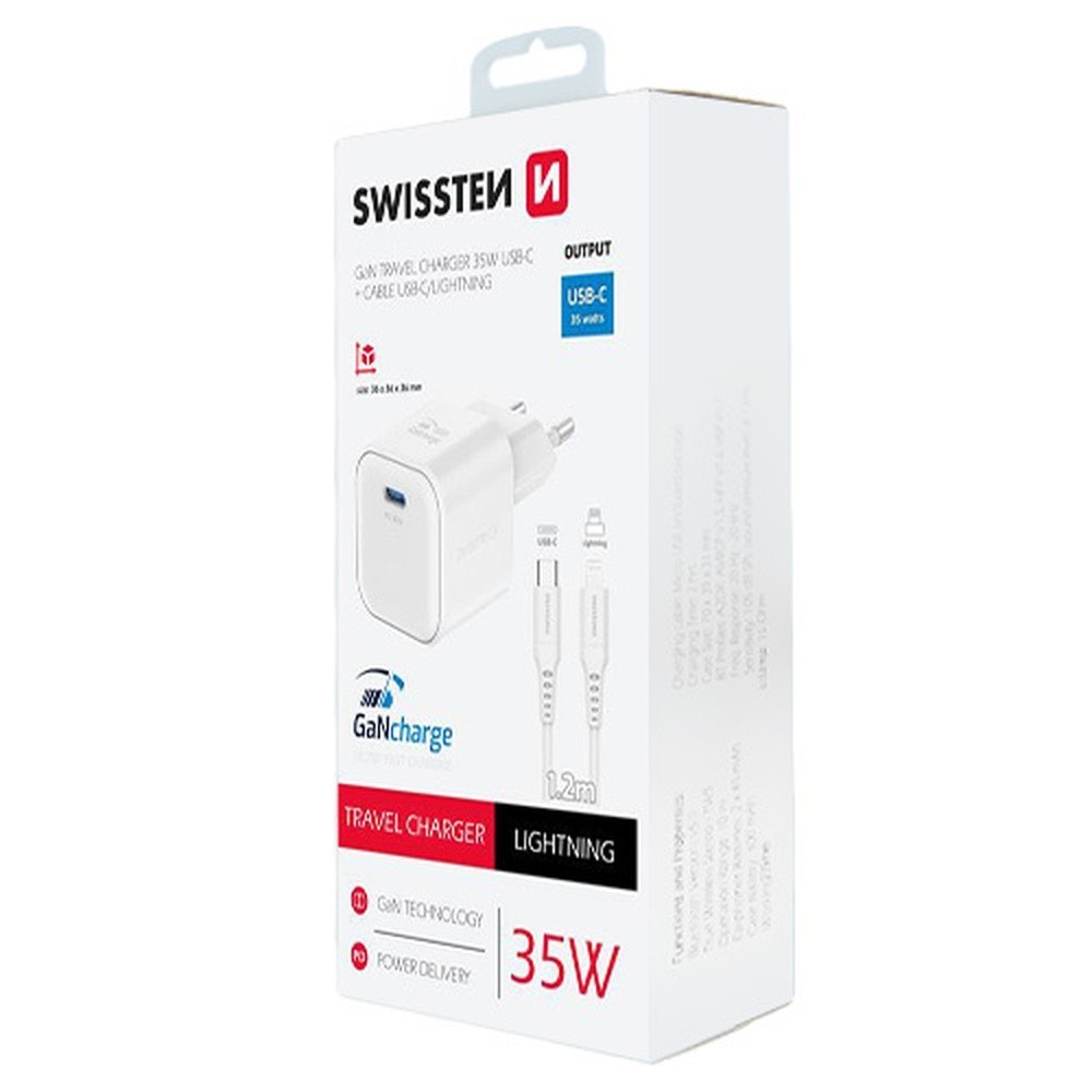 Chargeur Swissten GaN USB-C 35W avec câble Lightning Blanc