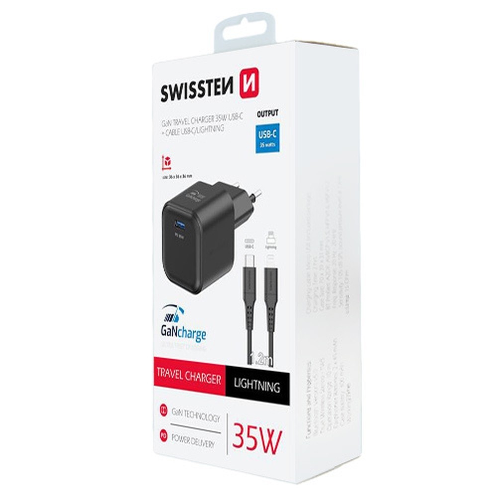 Chargeur USB-C Swissten 35W avec Câble Lightning Noir