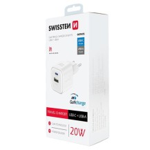 Chargeur Swissten GaN 20W USB-C et 18W USB-A blanc