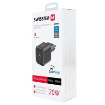 Chargeur Swissten GaN 20W noir avec ports USB-C et USB-A