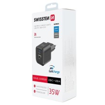 Chargeur Swissten GaN USB-C USB-A 35W Noir