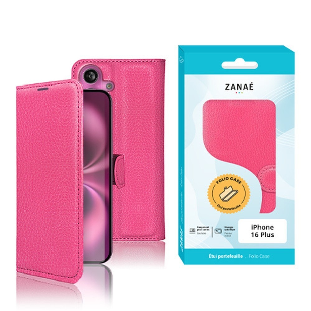 Étui Portefeuille Zanae Fushia pour iPhone 16 Plus