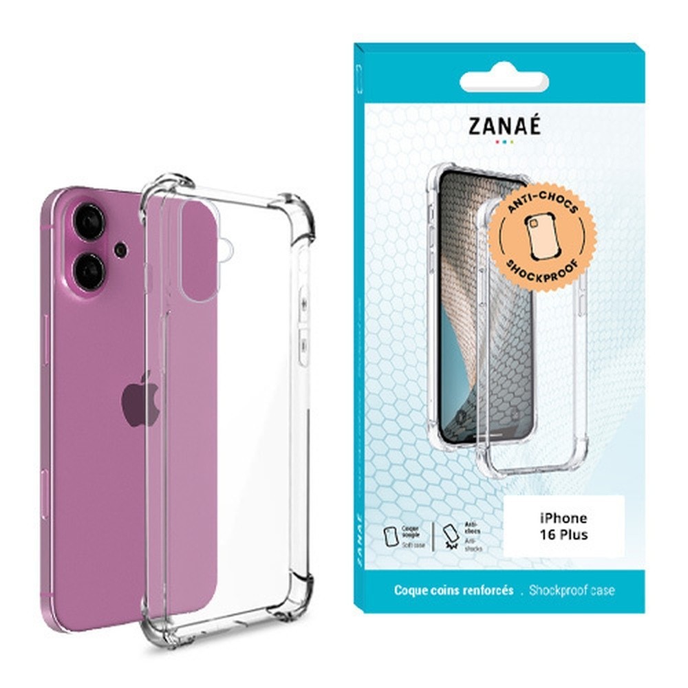 Coque en silicone transparente avec coins renforcés pour iPhone 16 Plus