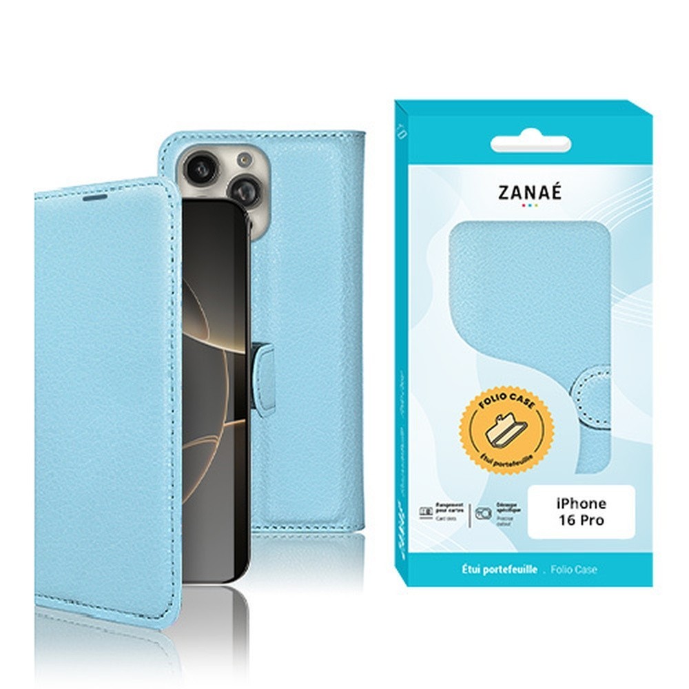 Etui Portefeuille Zanae bleu clair pour iPhone 16 Pro