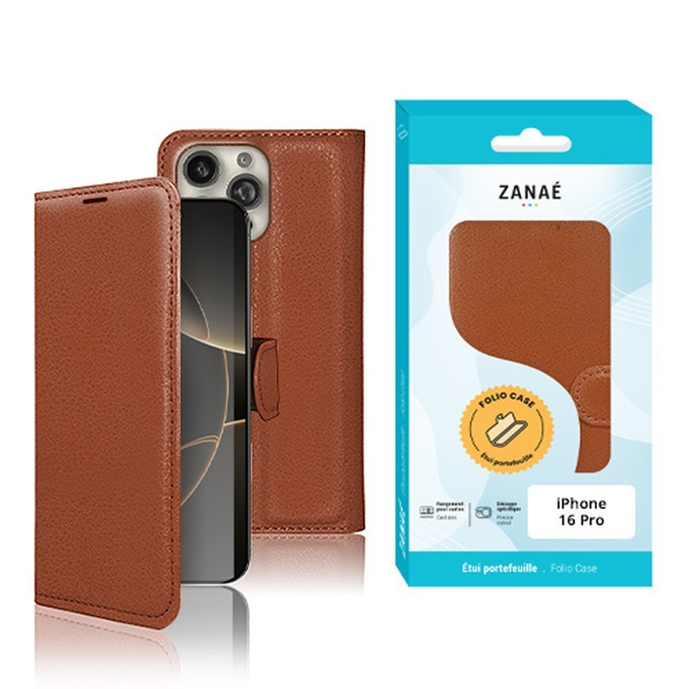 Etui portefeuille marron pour iPhone 16 Pro