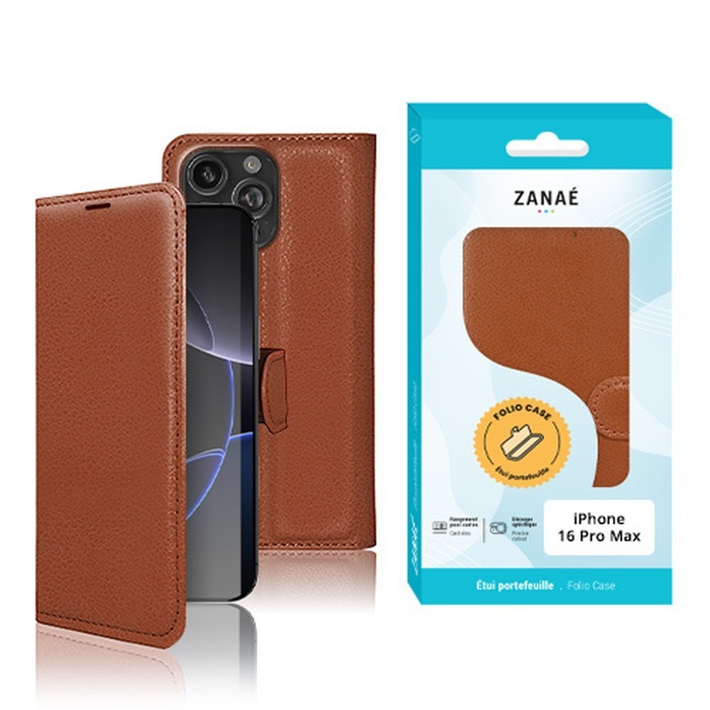 Etui portefeuille Zanae marron pour iPhone 16 Pro Max