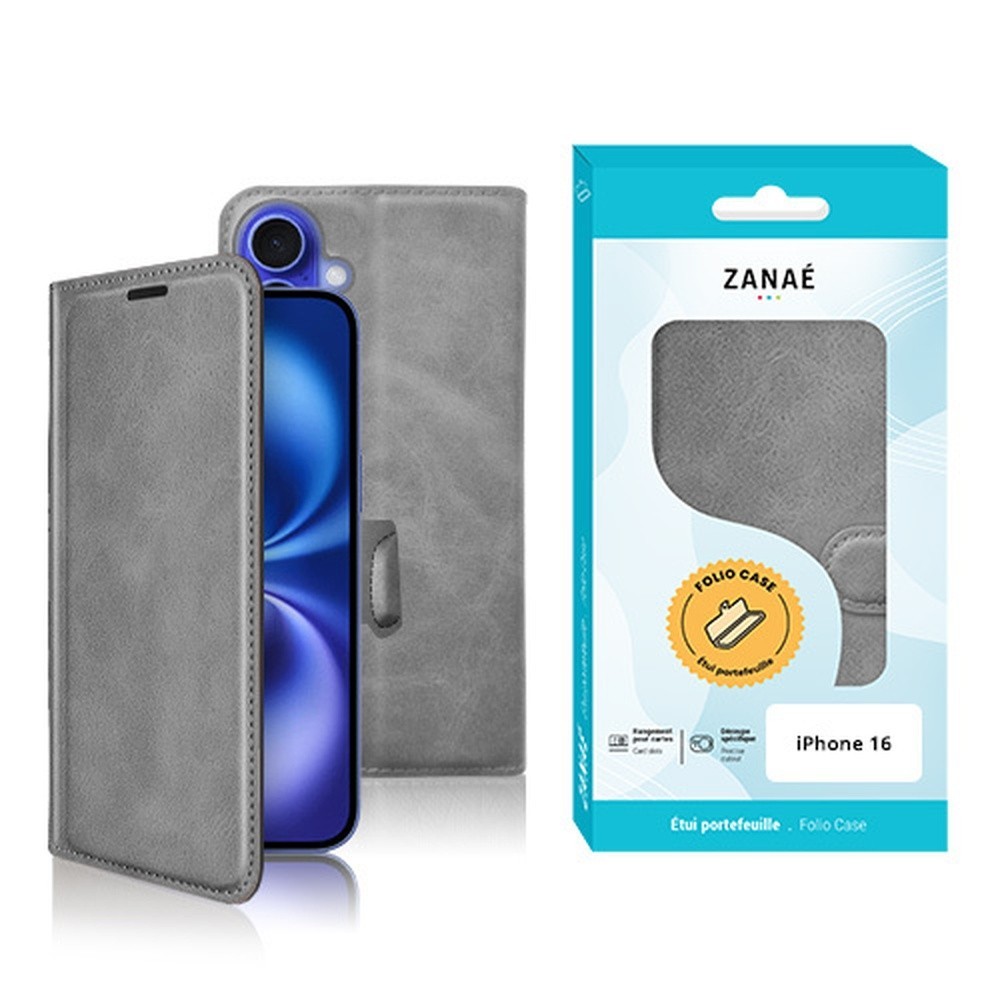 Portefeuille Zanae Columbia pour iPhone 16 en cuir PU gris