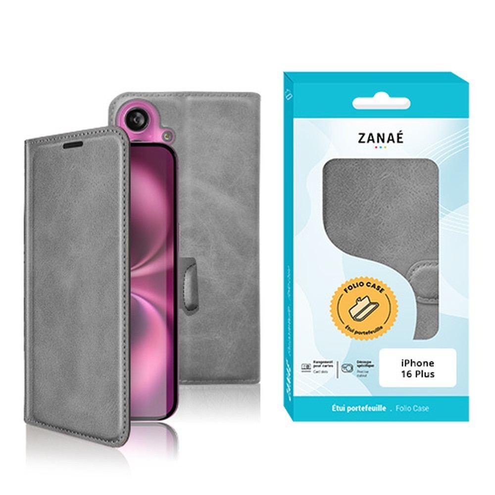 Portefeuille Zanae pour iPhone 16 Plus en cuir PU gris