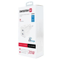 Chargeur Swissten GaN 2x USB-C 20W en Blanc