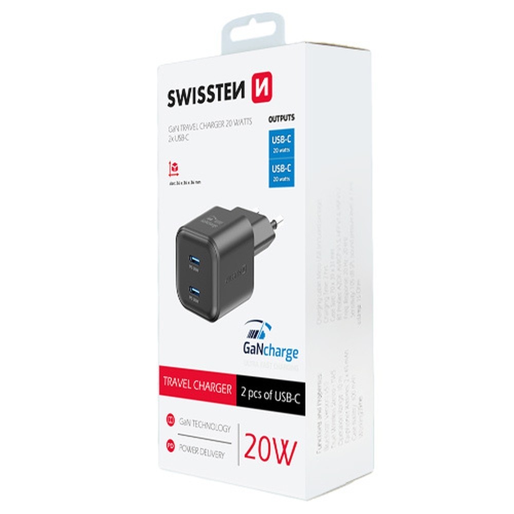 Chargeur Swissten GaN 2x USB-C 20W Noir