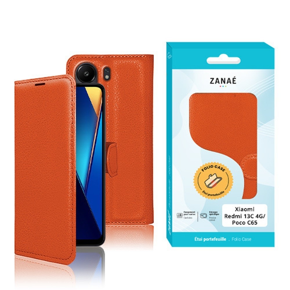 Etui Portefeuille Zanae orange pour Redmi 13C 4G et Poco C65