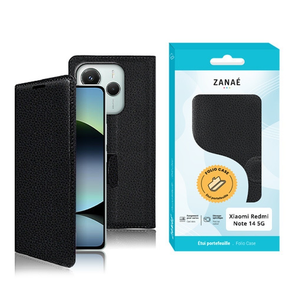 Vue avant de l'étui portefeuille noir pour Redmi Note 14 5G et Poco M7 Pro 5G