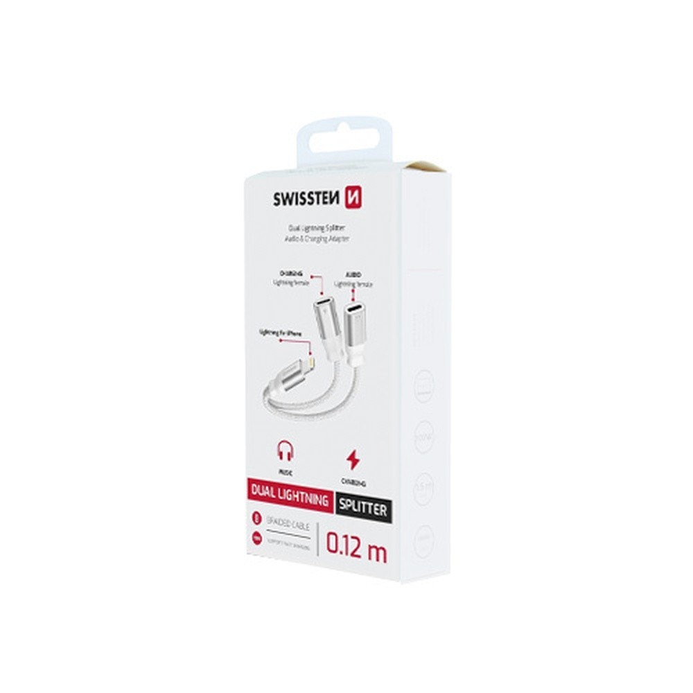 Adaptateur Double Lightning audio & charge Swissten blanc