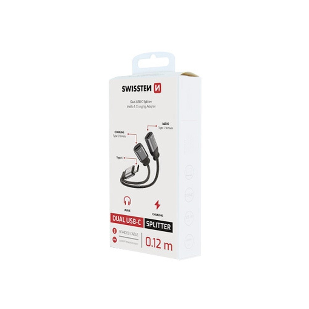 Adaptateur Double USB-C audio et charge Swissten noir compact