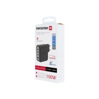 Chargeur mural Swissten 100W en noir avec 3 ports USB-C et 1 port USB-A