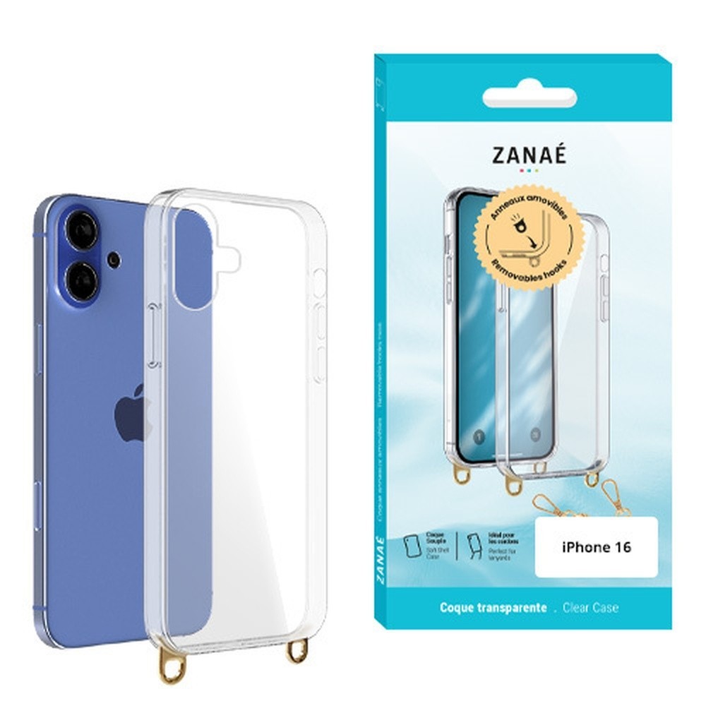 Coque transparente pour iPhone 16 avec anneaux amovibles