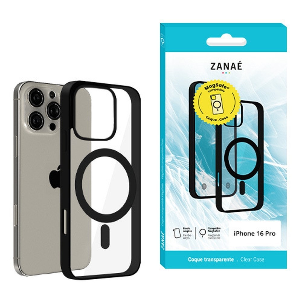 Coque noire pour iPhone 16 Pro compatible MagSafe vue de face.