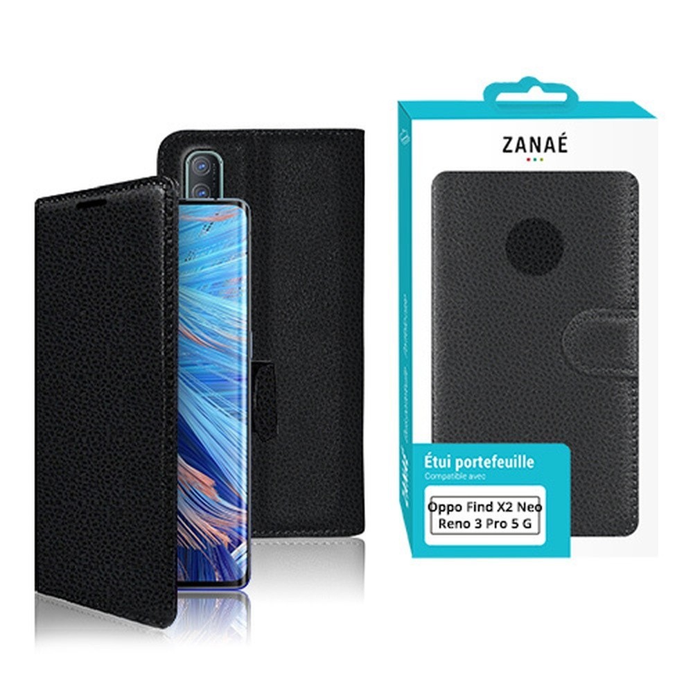 Etui portefeuille Zanae noir pour Oppo Reno3 Pro 5G et Find X2 Neo