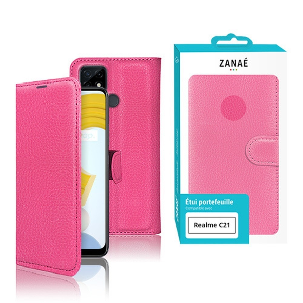 Etui portefeuille fushia pour Realme C21