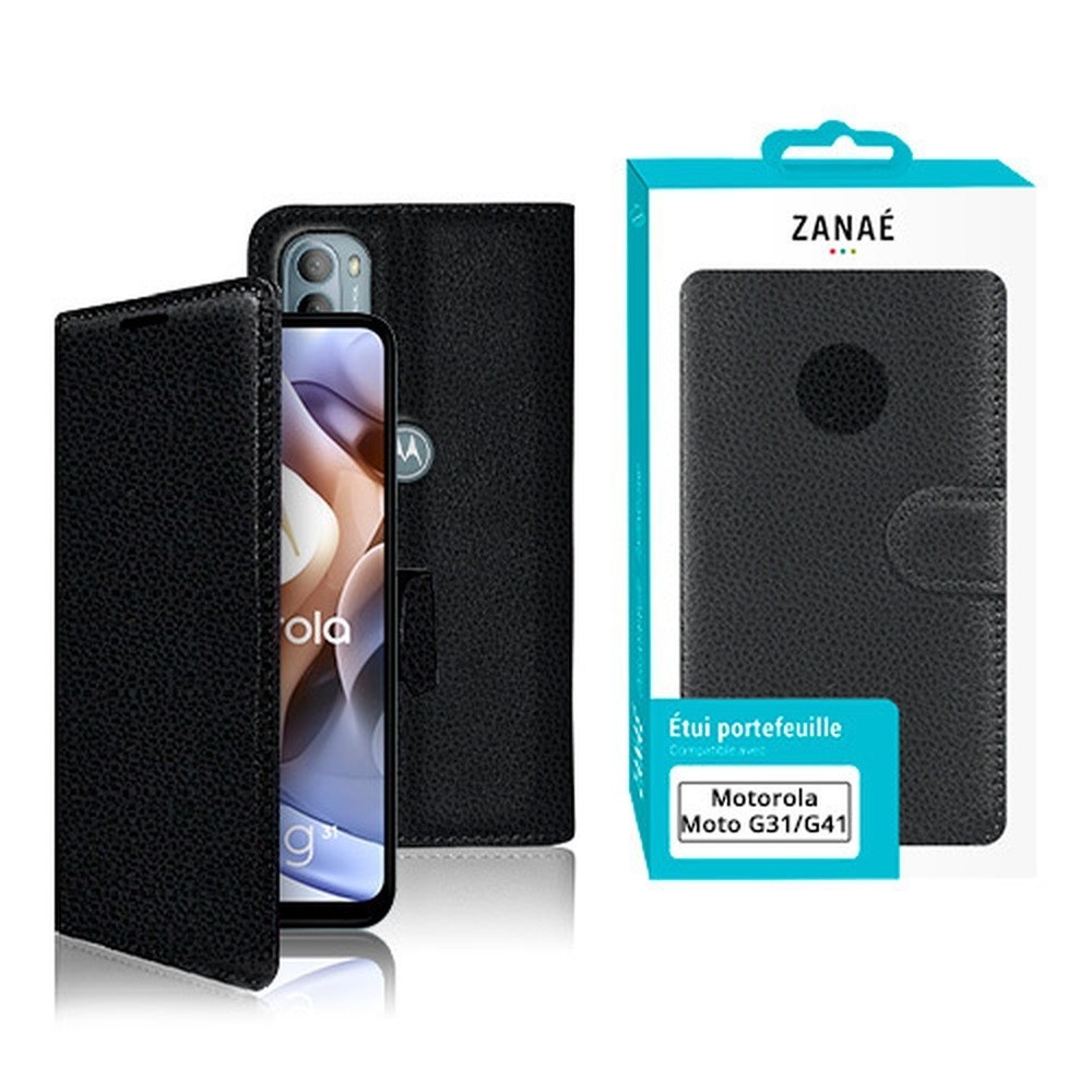 Vue de l'étui portefeuille Zanae noir pour Moto G31 et G41