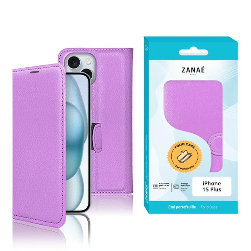 Etui portefeuille violet pour iPhone 15 Plus