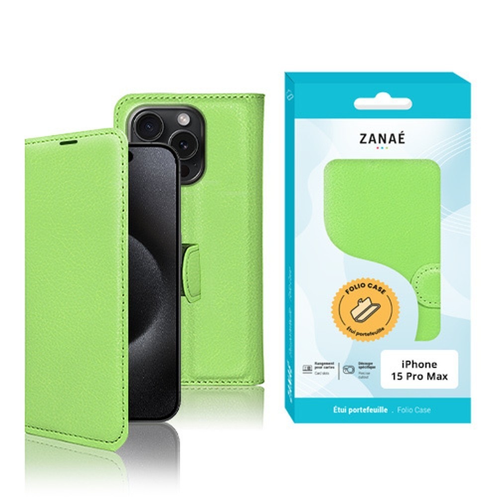 Étui Portefeuille Zanae pour iPhone 15 Pro Max de couleur verte