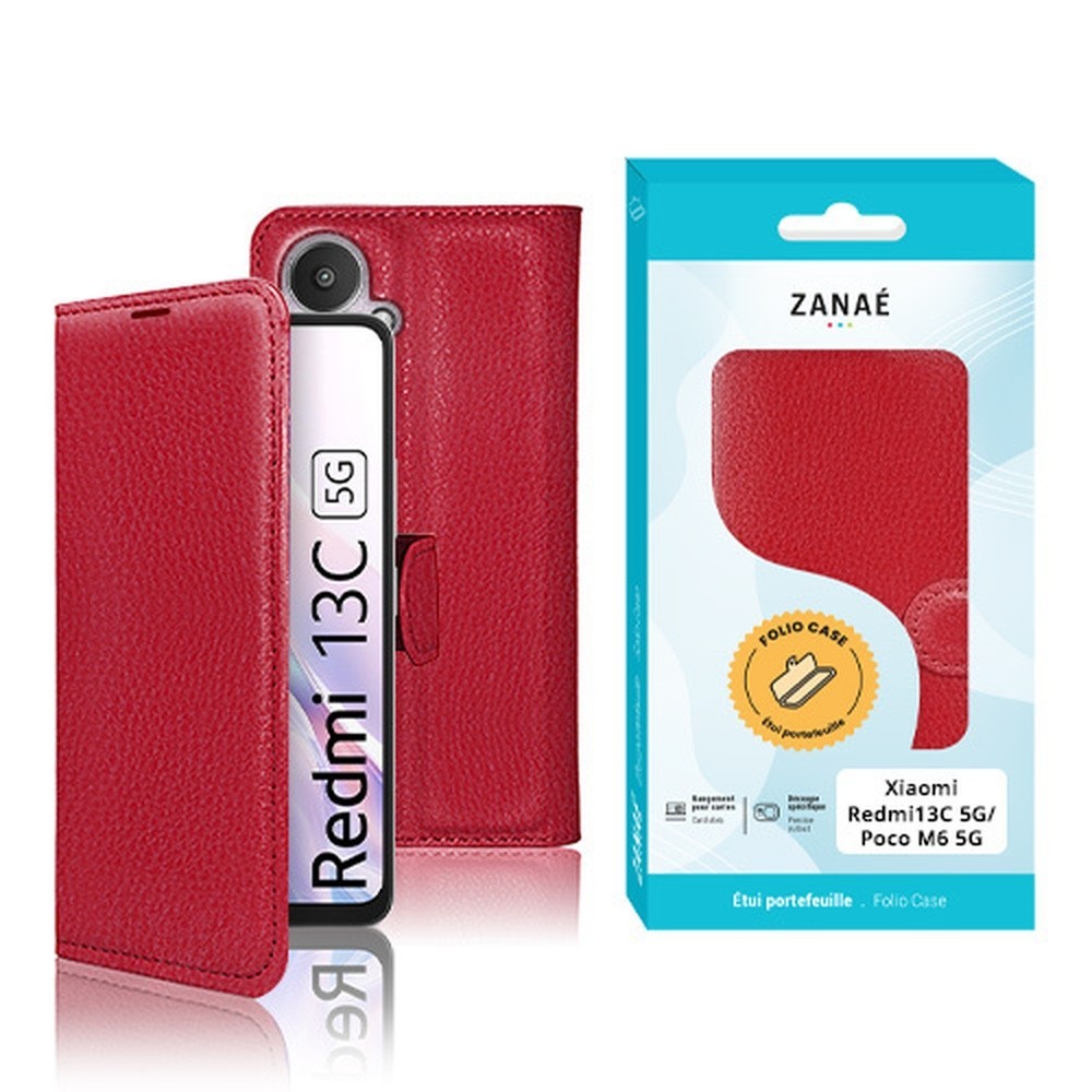 Etui Portefeuille Zanae Rouge pour Redmi 13C 5G et Poco M6 5G
