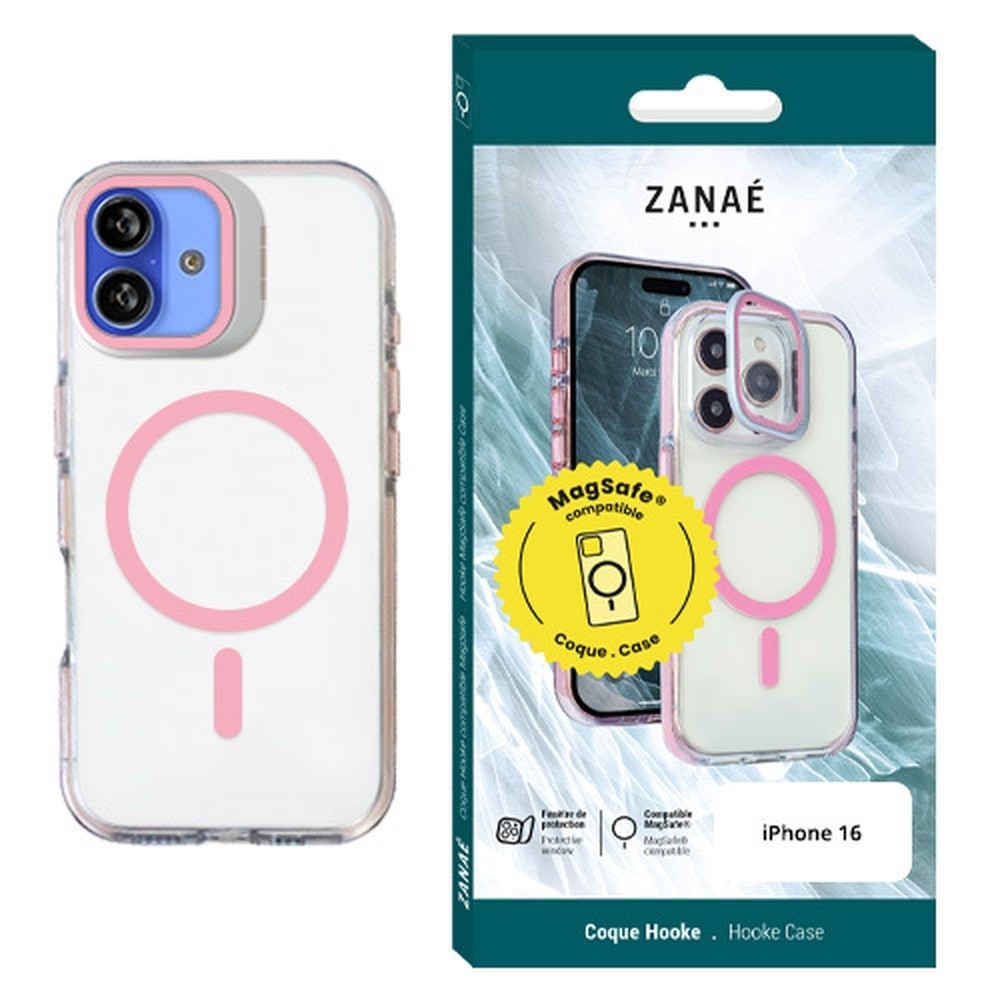 Coque Hooke MagSafe rose pour iPhone 16 avec support intégré