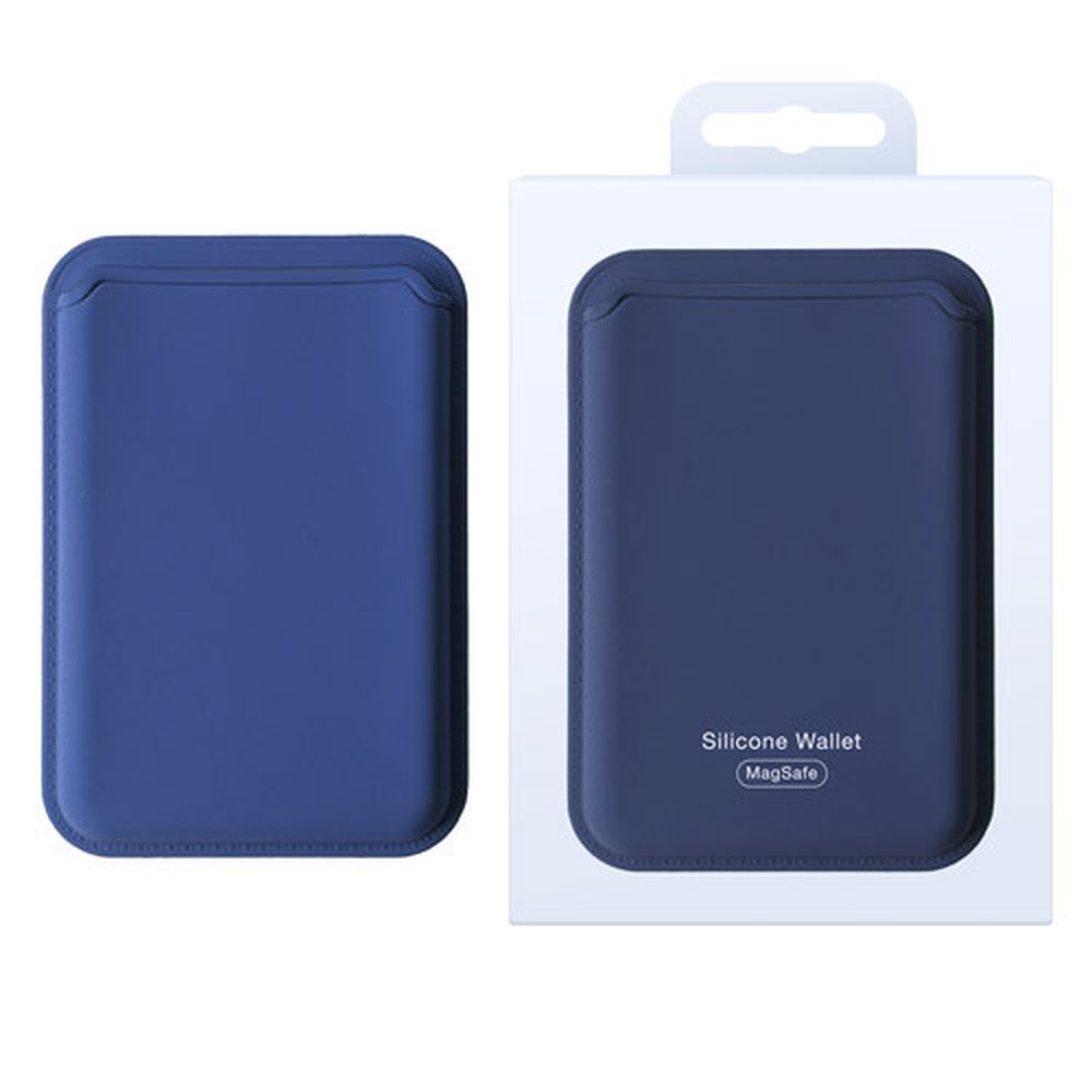 Porte carte MagSafe marine fixé à un iPhone.