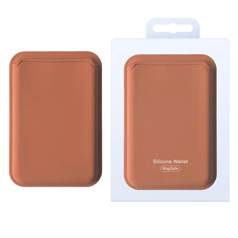 Porte carte MagSafe marron fixé sur un iPhone