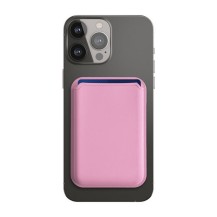 Porte carte MagSafe rose fixé à un iPhone