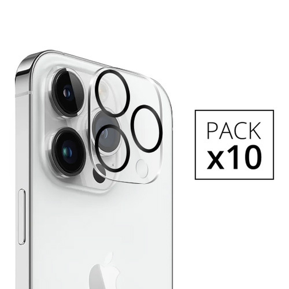Vue du pack de 10 verres trempés pour caméra iPhone 14 Pro et Max