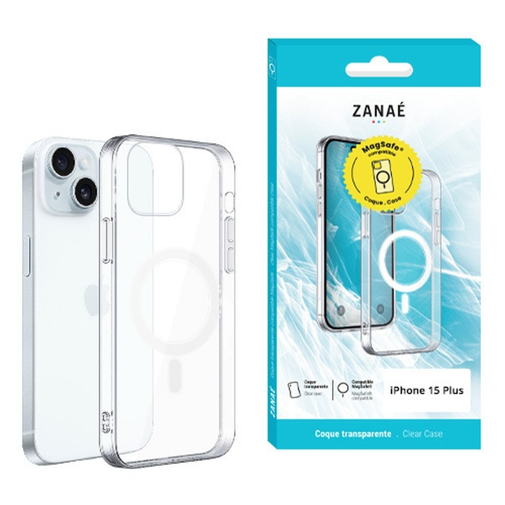 Coque transparente compatible MagSafe pour iPhone 15 Plus.