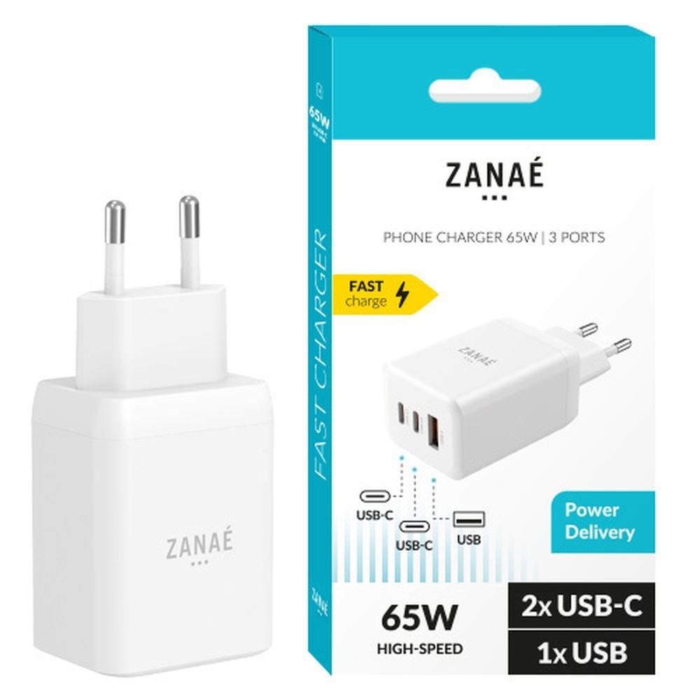 Chargeur Zanae 65W avec ports USB-C et USB-A en blanc