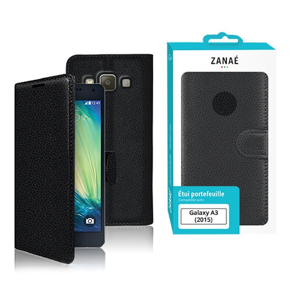 Vue de l'étui portefeuille noir pour Galaxy A3 (2015)