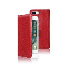 Etui Portefeuille Zanae Rouge pour iPhone 7 Plus et 8 Plus en position fermée sur une table