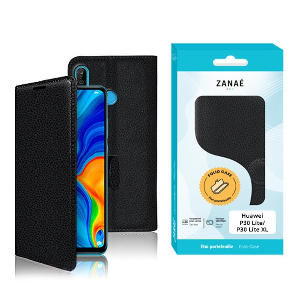 Etui portefeuille Zanae noir pour Huawei P30 Lite et P30 Lite XL