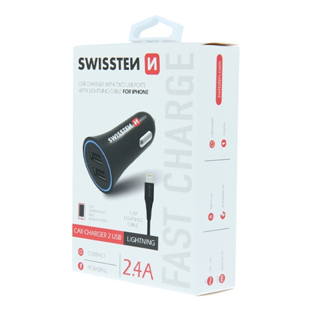 Chargeur allume-cigare noir avec 2 ports USB et câble Lightning