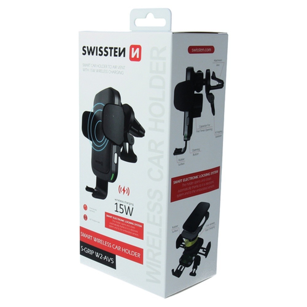 Support voiture Swissten noir avec charge sans fil
