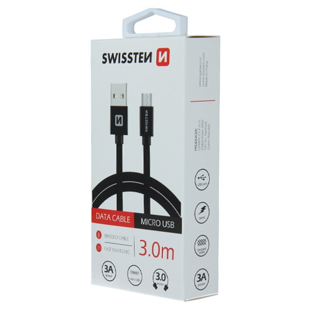 Câble textile USB Micro USB 3 mètres noir