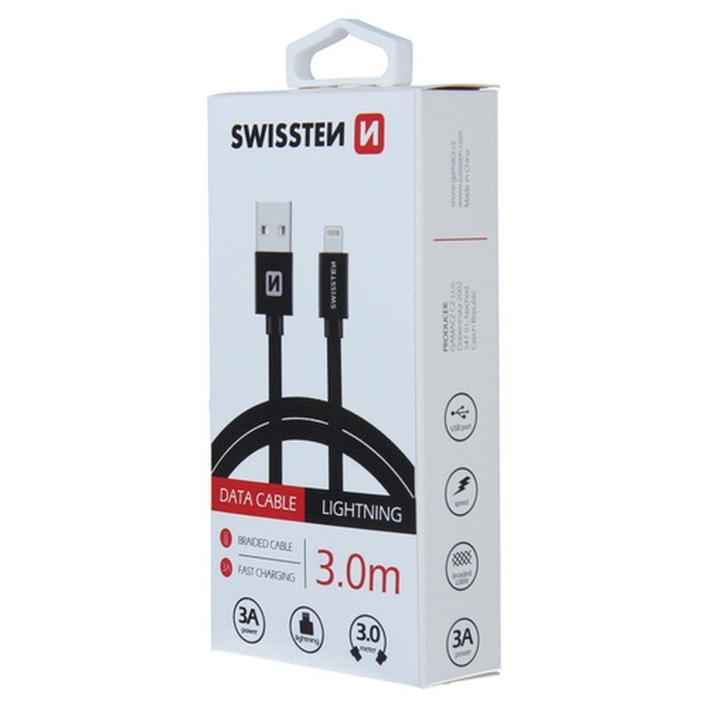 Câble Swissten textile USB Lightning 3m Noir