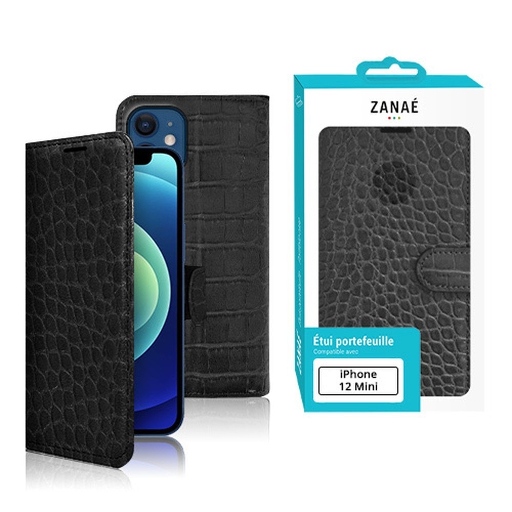 Étui Zanae Croco en simili-cuir noir pour iPhone 12 Mini