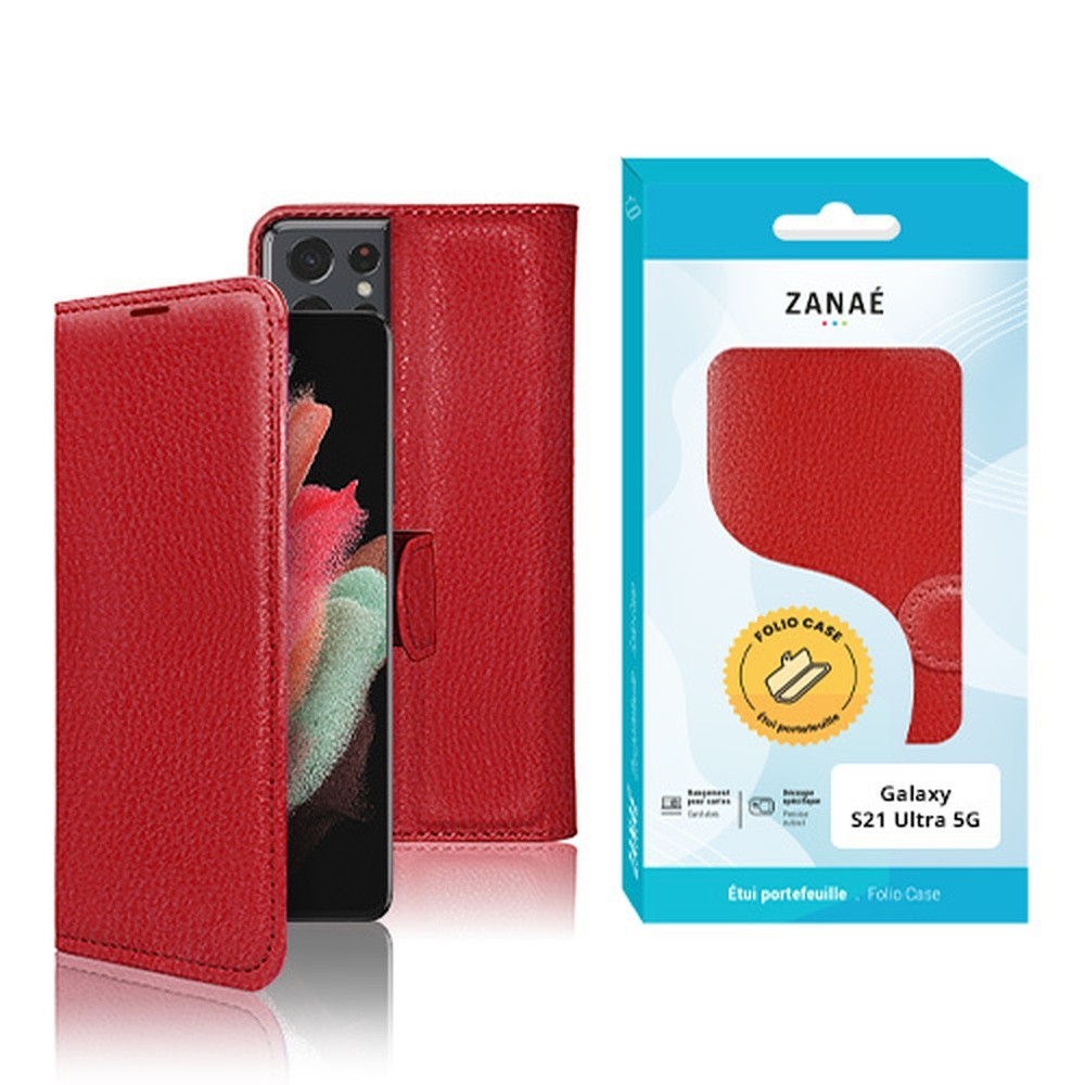 Etui Portefeuille Zanae pour Galaxy S21 Ultra 5G en rouge vibrant