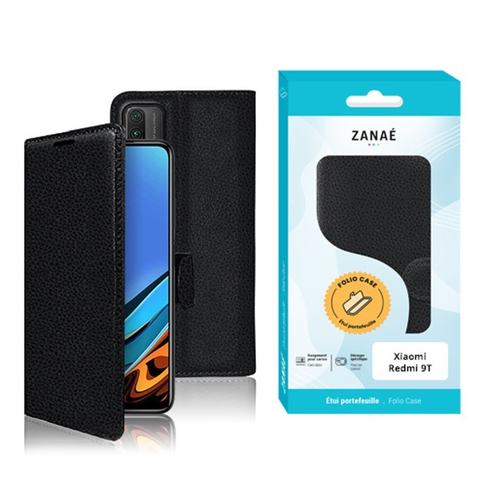 Etui portefeuille Zanae noir pour Xiaomi Redmi 9T offrant élégance et protection.