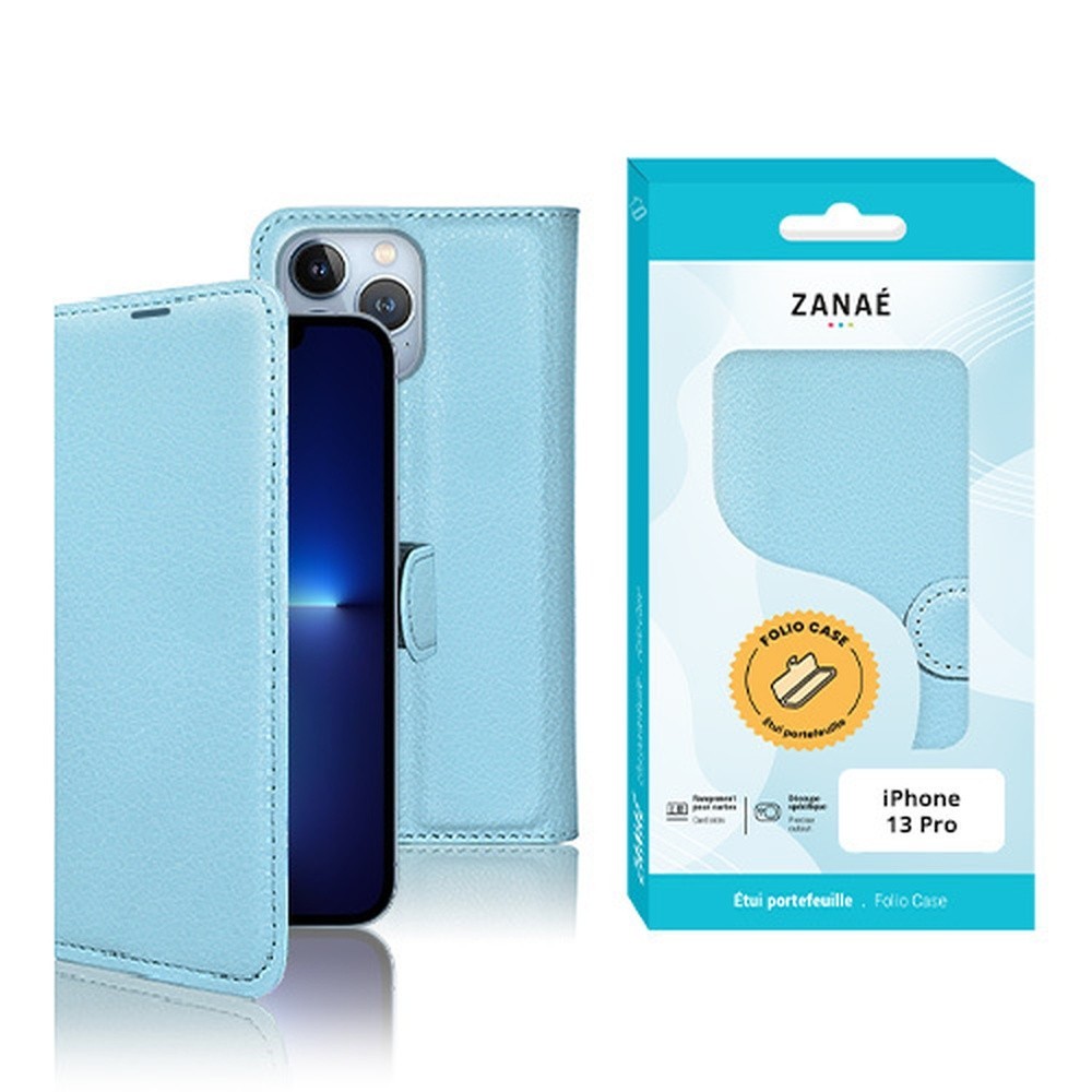 Étui portefeuille Zanae bleu clair pour iPhone 13 Pro